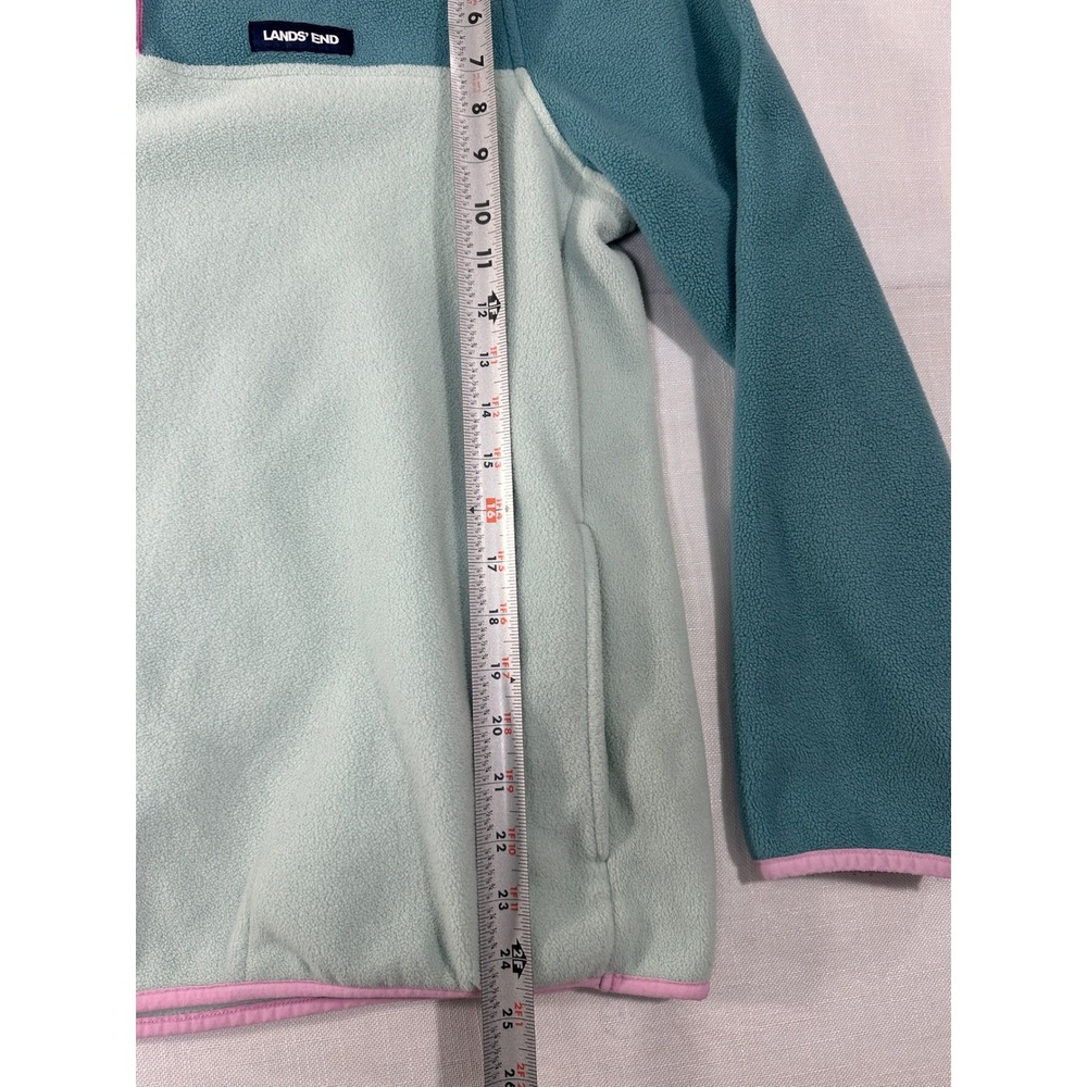 Lands End Kids Fleece Pullover Snap Mock Neck Teal Green Pink L 14-16 Colorblock - Picture 8 of 8